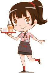 Cartoon character of waitress holding a serving tray.
