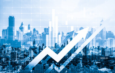 Financial graphs and digital indicators overlap with modernistic urban area, skyscrabber for stock market business concept. Double exposure.