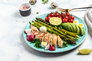 Healthy brunch breakfast with baked asparagus, chicken fillet, cherry tomatoes, avocado, quail eggs and radishes light background. Top view