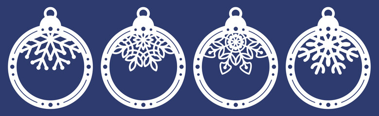 Set of laser cutting template of Christmas balls with snowflakes. Silhouette of openwork spheres with lace ornament. Xmas tree decoration for paper cut out. Vector illustration on blue background.