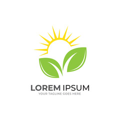 Sun rise over Leaves Logo design vector template. Alternative Energy concept. Eco organic green Farm natural fresh products Logotype icon.