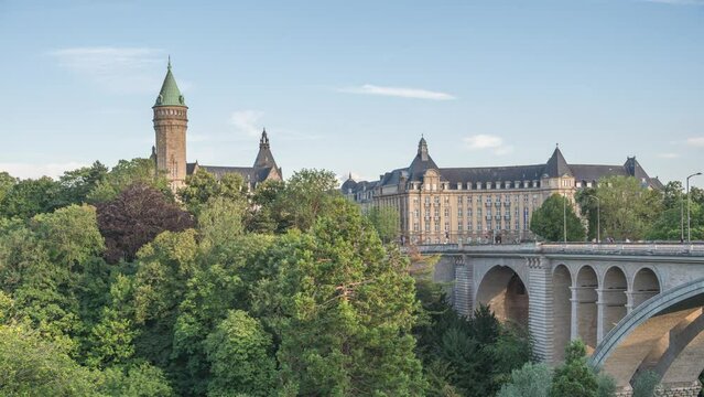 Grand Duchy of Luxembourg time lapse 4K, city skyline timelapse at Pont Adolphe Bridge