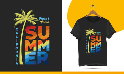 Summer fashion t-shirt design with a palm tree for a California beach party. Typography grunge texture vintage illustration for print on a clothing design template.