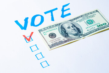 Buying votes of voters concept. Vote, dollars on a white background.