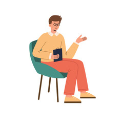 Psychologist male character sits on a chair and says. 
