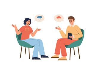 Female patient talks with male psychologist. 