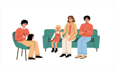 Family psychologist talks to a married couple with a child