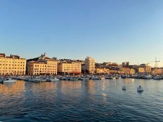 view of the vieux port of marseille at sunset