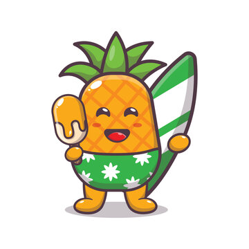 Cute pineapple cartoon mascot character holding surfboard and ice on beach