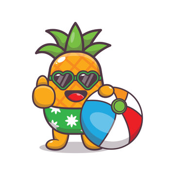 Cute pineapple cartoon mascot character in sunglasses holding beach ball