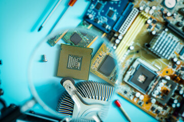 Chipset on blur electronic circuit board of PC motherboard. CPU chip. Electronic components of...
