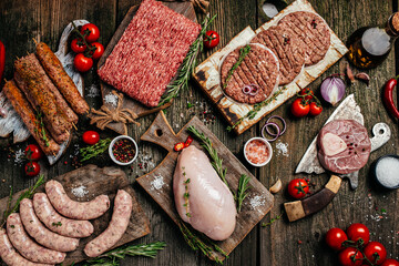Raw meat products, different parts of the body. minced beef meat kebabs, pork, beef, chicken on a...