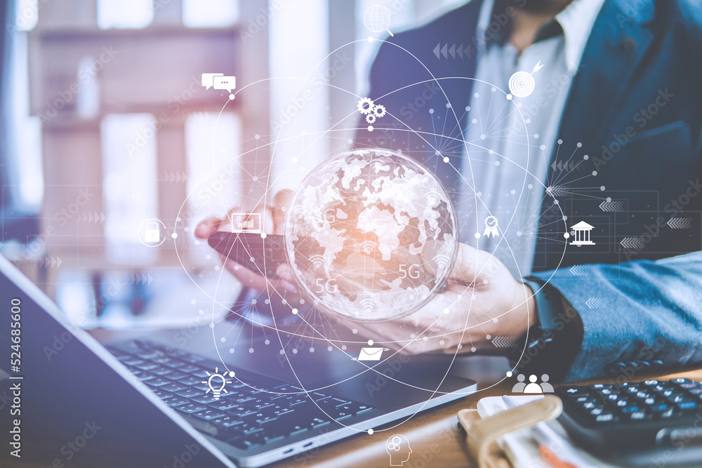Aufkleber business network global technology concept, global network and data exchange, internet network techn