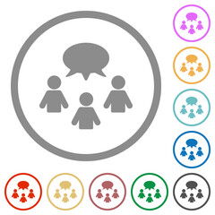 Three talking persons with oval bubble solid flat icons with outlines
