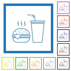 Fast food menu with cheeseburger and drink outline flat framed icons