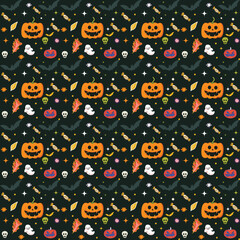 Seamless vector pattern, magic hand drawn doodle. Magic haunted house, pumpkin, cat, bat, cobweb. Mystical holiday pattern.