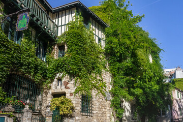 Old stone house covered by ivy in Montmartre, Paris