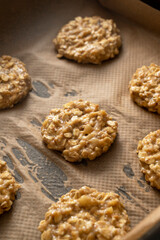 Cooking banana cookies. Top view of raw dough cookies in baking tray