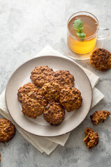 Banana peanut butter cookies. Top view of healthy oat cookies