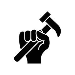 Hand holding hammer icon. icon related to construction, labor day. Glyph icon style, solid. Simple design editable