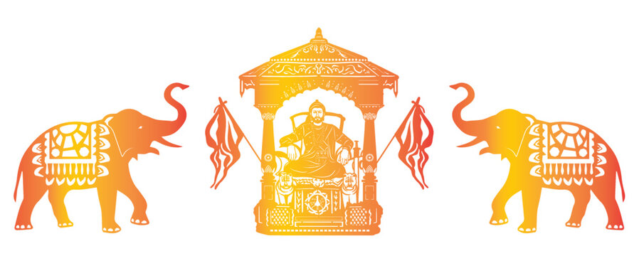 Illustration of Chhatrapati Shivaji Maharaj sitting on the throne with elephants on either sides.
