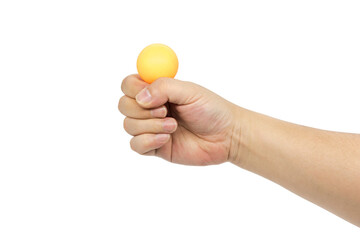 Fist holding an orange ping pong ball isolated on white background