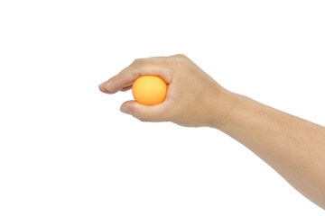 A hand holds an orange ping pong ball isolated on white background