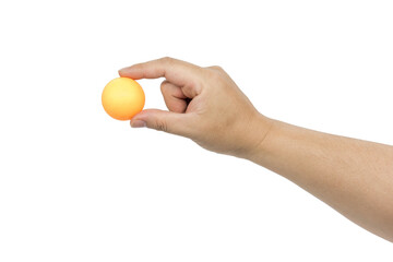 A hand holds an orange ping pong ball isolated on white background