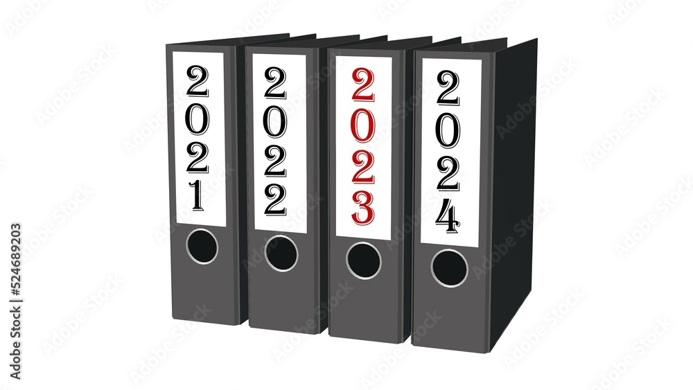 Poster 2023 year change - file folder in a row sorted by ascending year isolated on white background - 3d i