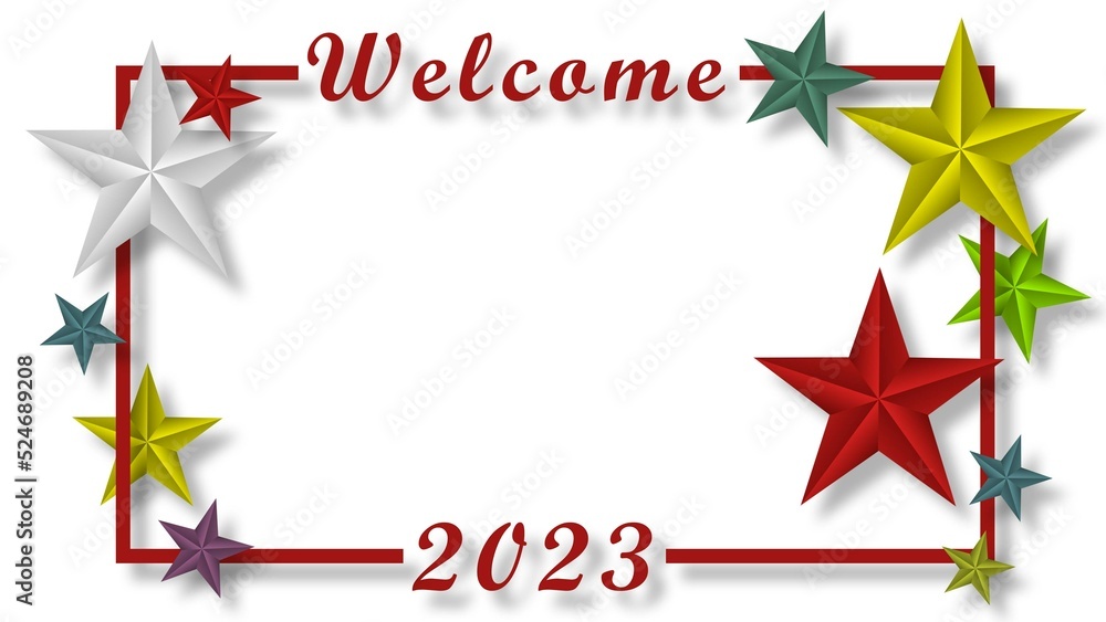 Poster welcome 2023 - coloured stars in paper craft design over red frame on white background with place fo
