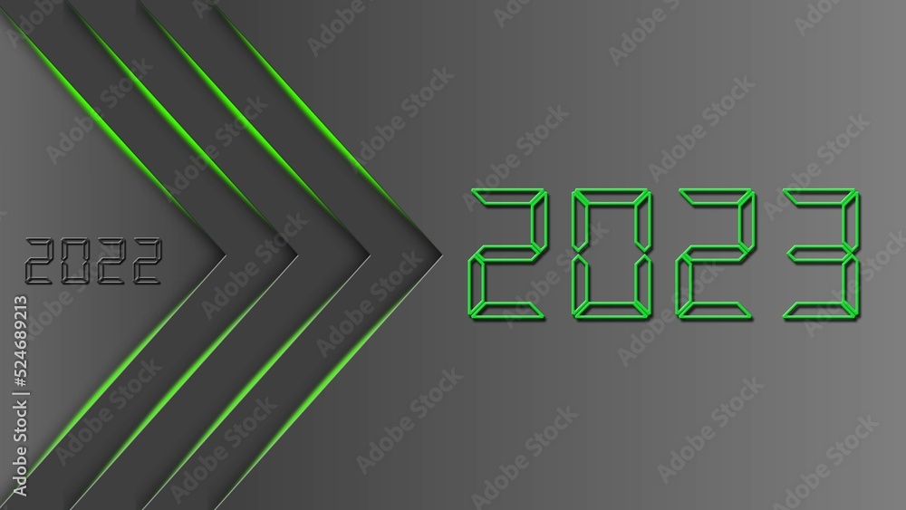 Poster year change 2023 on abstract background - graphic arrows with orange colored shadow lines and green 