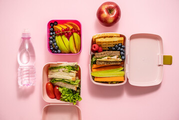 Healthy lunch to go. Sandwitches, Fruits and vegetables packed in lunch box