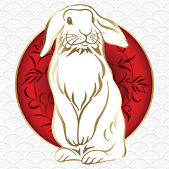 White and gold rabbit on a red background with an ornament. Vector illustration of Chinese New Year 2023 symbol, year of the rabbit. Isolated on white and red background. New Year card, poster.