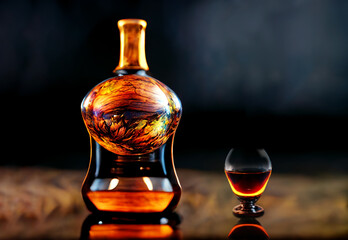 3D illustration of a bottle of cognac with a glass in dark lighting