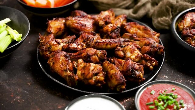 Grilled chicken wings on a black plate on a dark rustic background