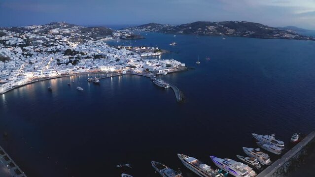 Mykonos island harbor aerial panoramic view. Travel to islands of Greece