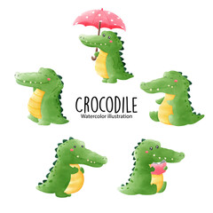 Watercolor cute crocodile, vector illustration..