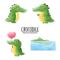 Watercolor cute crocodile, vector illustration..