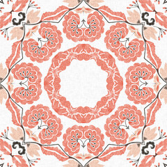 Modern boho geometric floral quilt style seamless pattern. Shabby chic scandi repeat background with linen effect. 