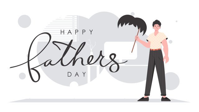 Father's day banner. The guy is holding his mustache on a stick. Trendy cartoon style. Vector illustration.