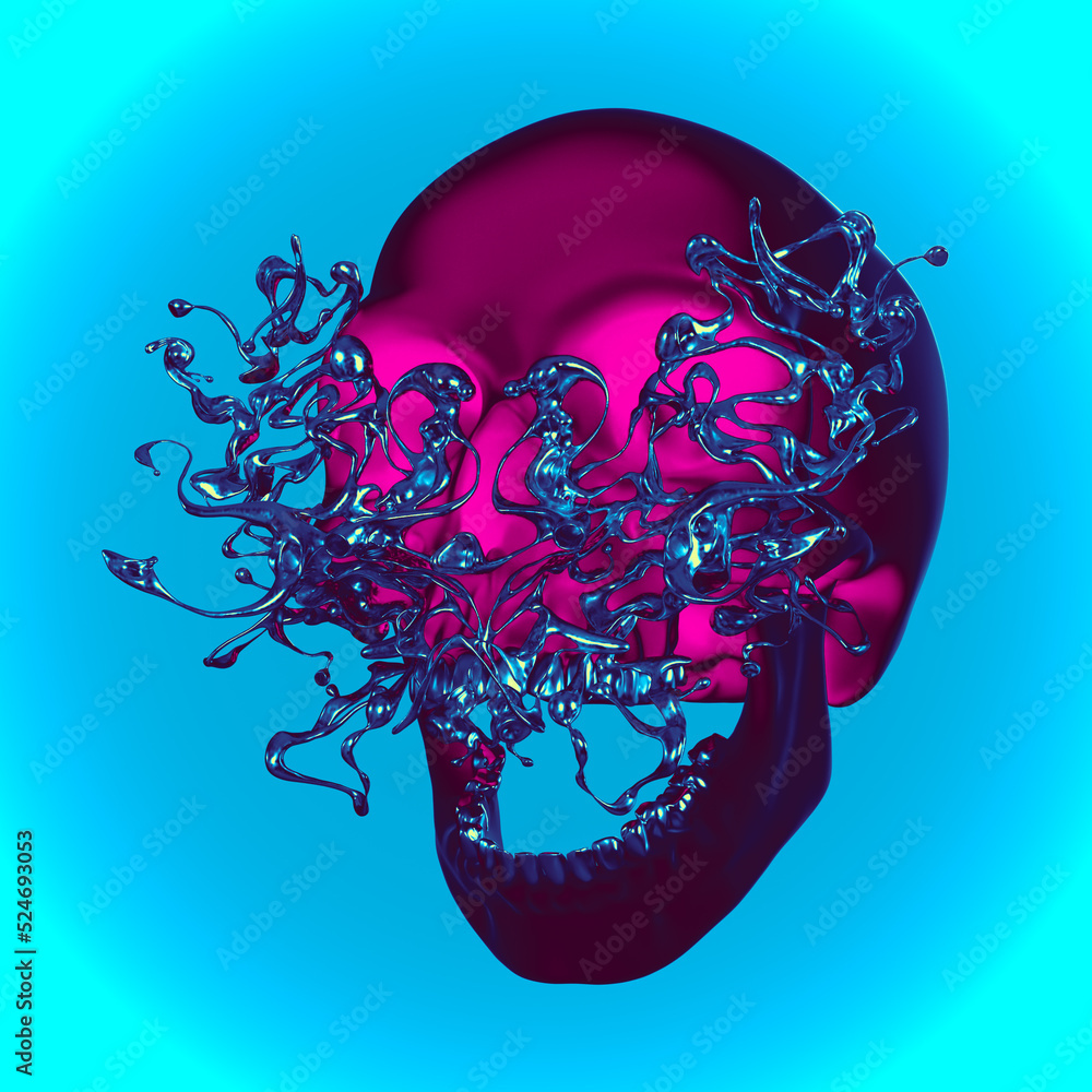 Poster concept 3d rendering illustration of a side view screaming black skull with a liquid gold reflecting