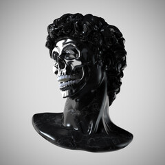 Abstract digital illustration from 3D rendering of a classical black marble head bust with missing face unveiling a silver chrome shiny skull inside and isolated on background.
