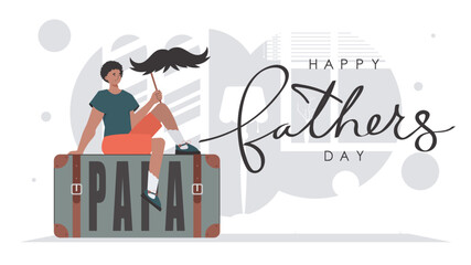 Father's day poster. The guy is holding his mustache on a stick. Trendy cartoon style. Vector illustration.
