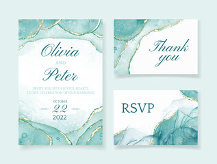 Vector wedding invitation set with liguid fluis background. Gold foil marble decoration luxury design.