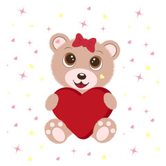 Postcard with cute teddy bear and red heart