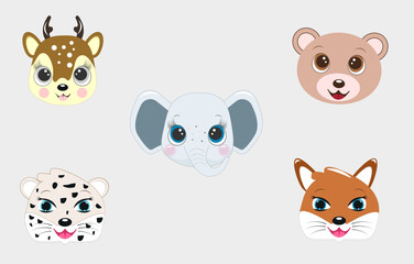 A set of illustrations for animal heads. Overview of illustrations of beautiful mammals.