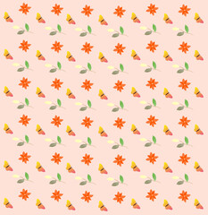 Autumn pattern with flowers, butterflies, green leaves. 