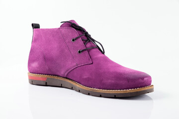 Male purple leather boot on white background, isolated product. Differentiated footwear and exclusive design.