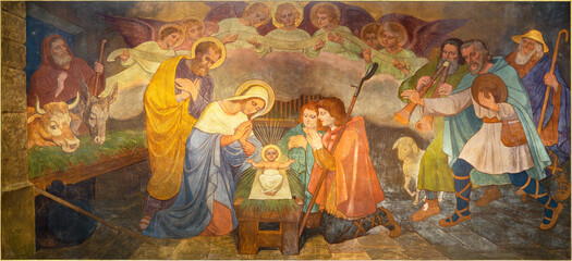BERN, SWITZERLAND - JUNY 27, 2022: The fresco of Nativity - Adoration of Shepherds in the church...