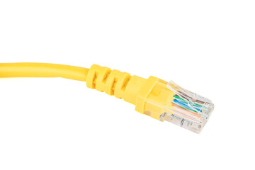 Close-up of the RJ-45 network connection plug of the yellow Ethernet cable of the LAN network...